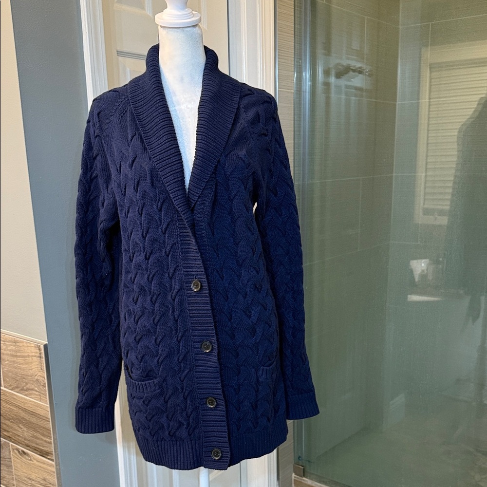 Lands End Cable Knit Cardigan Sweater Navy Medium Shawl Collar Grandmacore - Picture 2 of 8